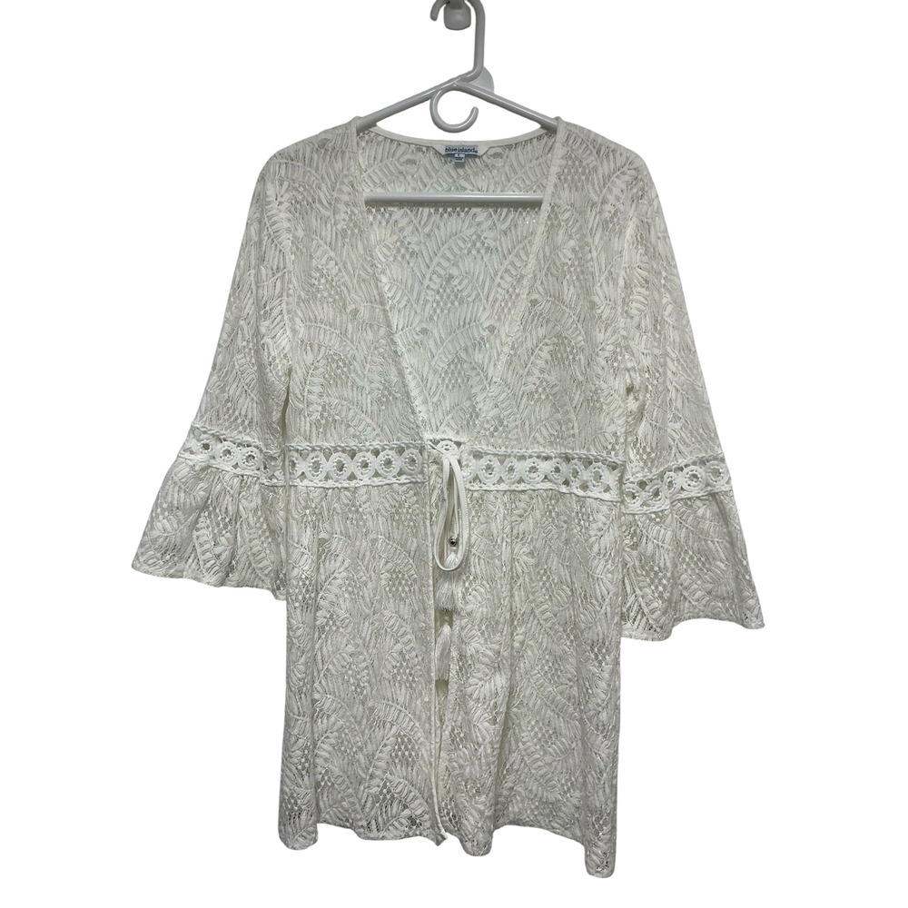 Blue Island White Lace Swim Cover Up Bell Sleeve Tassel Tie Front Large